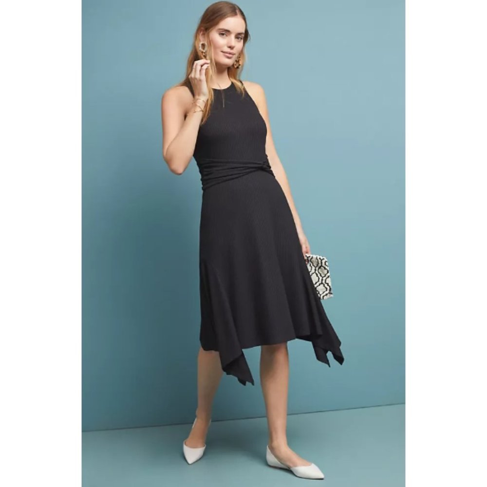 Anthropologie Ribbed Kingsolver Dress Asymmetrical Handkerchief Hem Midi Medium - Picture 2 of 9